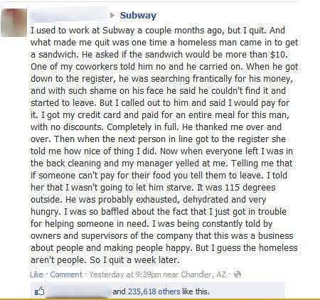 Subway quit story -homeless