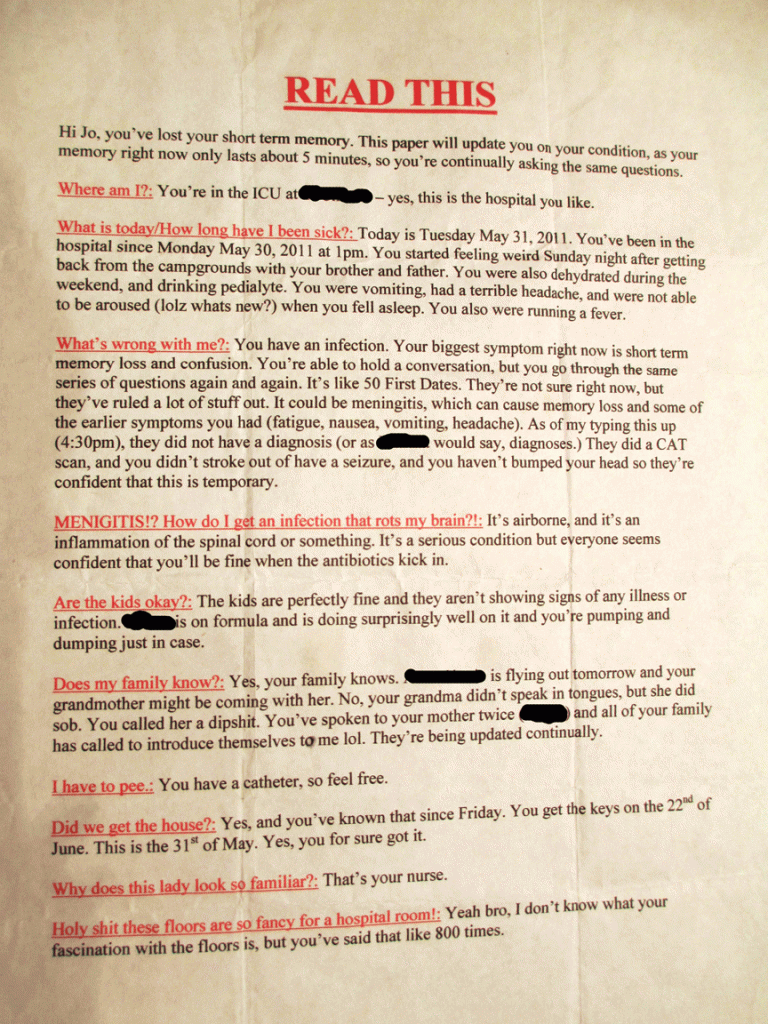 This is the letter my best friend made me when I was in ICU with short term memory loss.