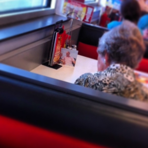 My girlfriend works at Steak 'n Shake. This woman's husband passed away but she still has lunch with him everyday.