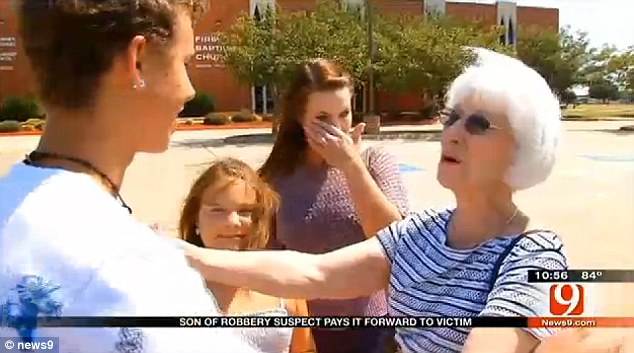 Unlikely reunion: Christian Lunsford, 15, wanted to meet his father's mugging victim, Tona Herndon, to try and make amends after his father allegedly mugged her as she was leaving a cemetery last week