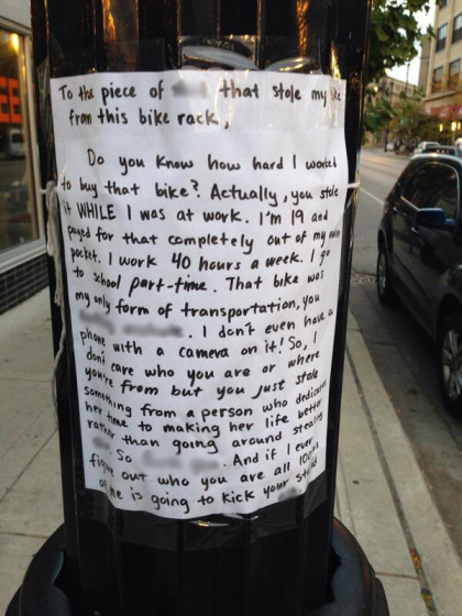 angry note to a bicycle thief