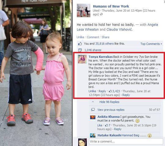 boy with pink plaster cast for breast cancer awareness month holds a little girl's hand