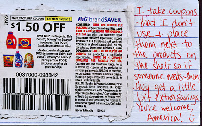 someone puts food coupons next to the items in a shop so people can get money off - kindness