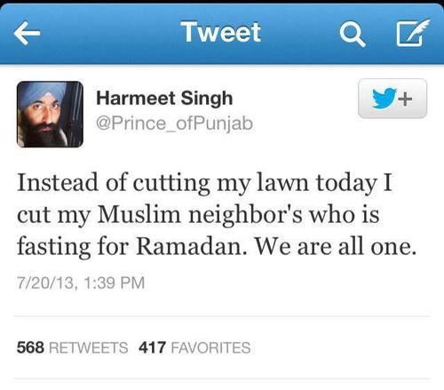 sikh cuts a muslim man's lawn as it's ramadan -  kindness