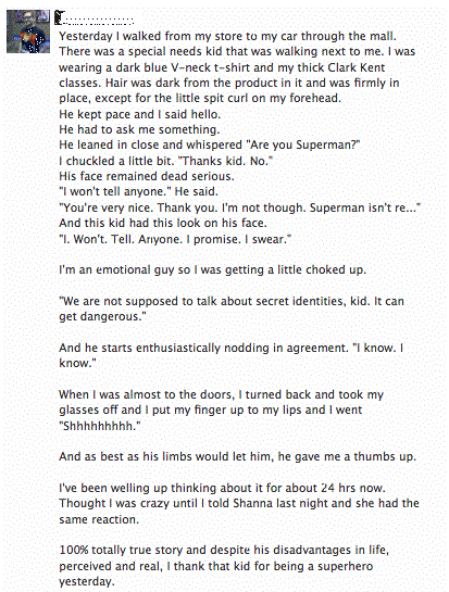 facebook status - young disabled boy asks a man if he is superman - kindness