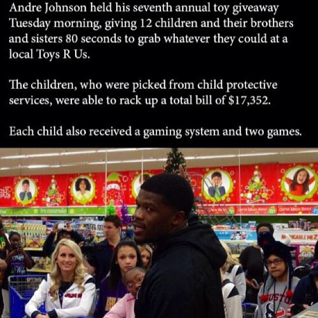 or the seventh year in a row, Andre Johnson became a real-life Santa Claus to 12 kids from child protective services as he let them rip through Toys ‘R’ Us and grab as many presents as they could carry in 80 seconds