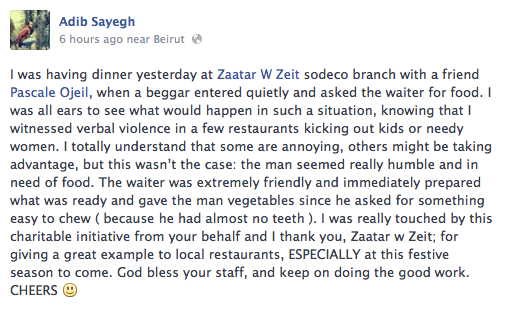 waiter feeds a hungry beggar - facebook status - kindness