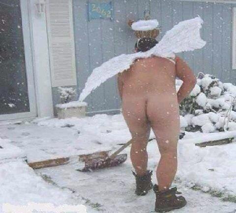 naked man shovels snow -kindness