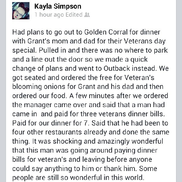 anonymous stranger pays for veterans meals in restaraunts
