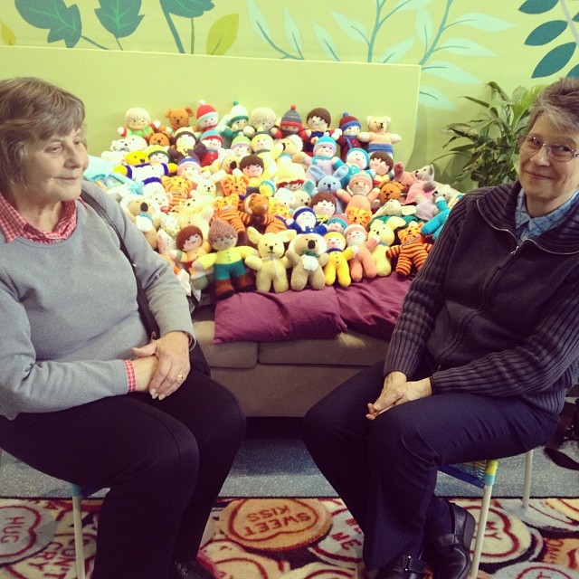 fouche6 2 beautiful souls who run a knitting group in a care home making millions of animals and people for the kids at Xmas 