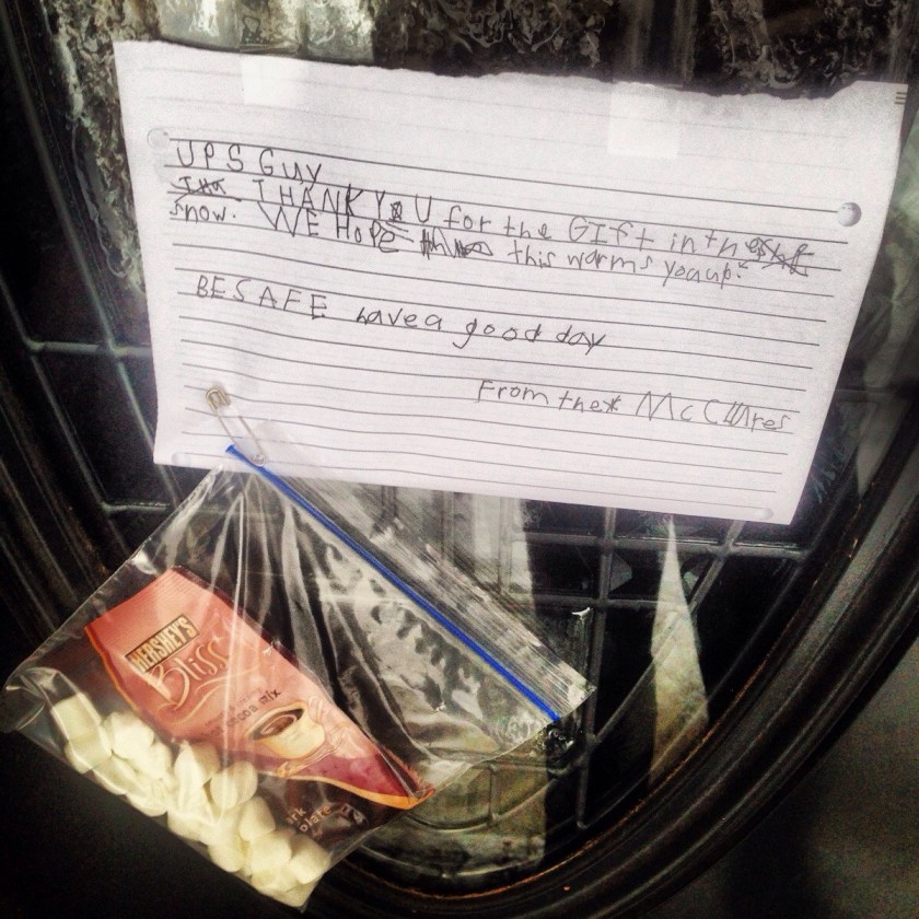 sweet note from a child to a UPS driver - kindness
