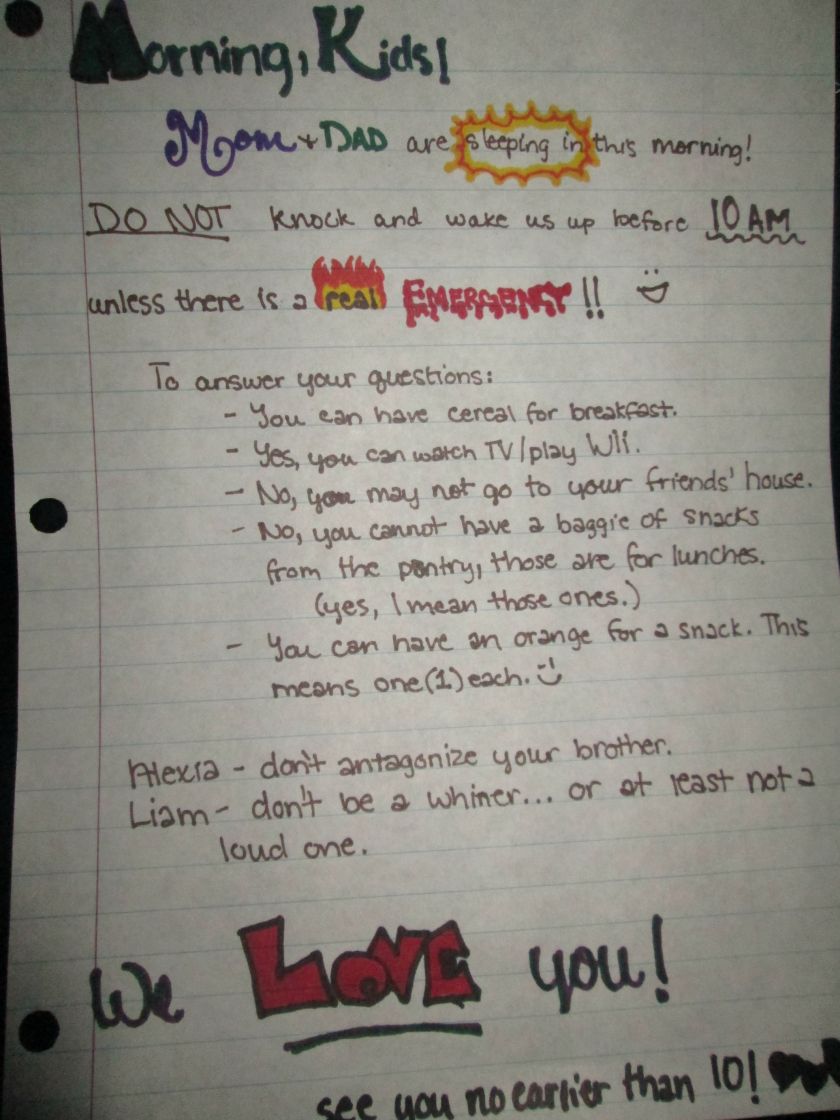 letter from mum and dad asking their children to behjave and follow the rules in the morning