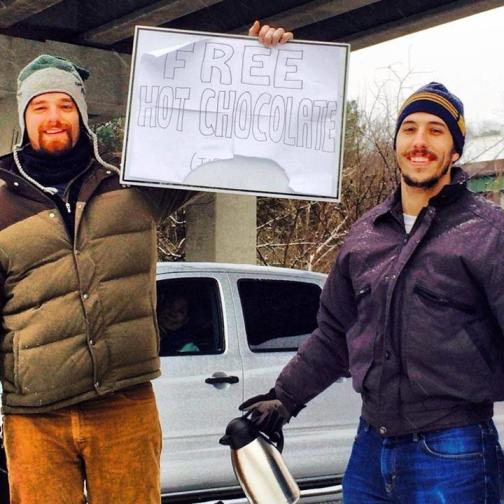 "The hot chocolate guys, I've received a few messages about these guys serving hot cocoa to stranded motorists on I-75 Georgia. We now know the men behind the kindness are Zach Haedt and Sam Tarquina. LIKE this! It's a great way to say thanks to all the people doing nice things in the #GeorgiaSnow, #suspendedcoffees