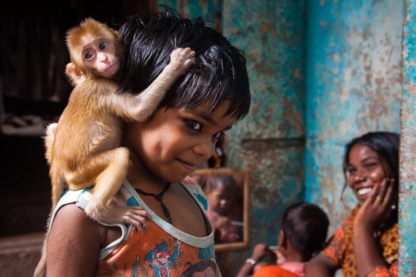 A little girl and her friend, a baby monkey. Taken in Varanasi, Uttar Pradesh, India