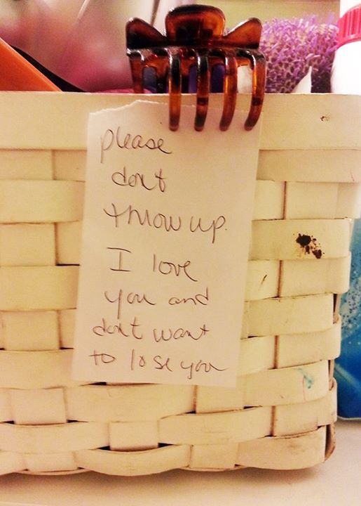 Charidy shared this photo and wrote:  "A heart-breaking but also beautiful note left in the bathroom by a mother of a girl with bulimia.  We all have struggles, but it's wonderful to see that some people will do so much to help support those they love through those struggles."