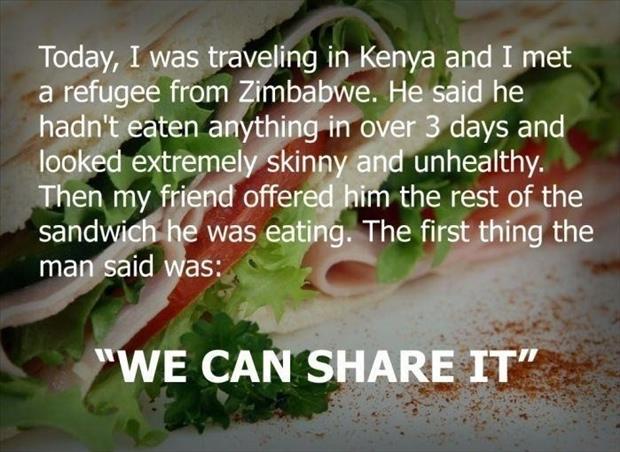 refugee shows his kindness by offering to share a sandwich