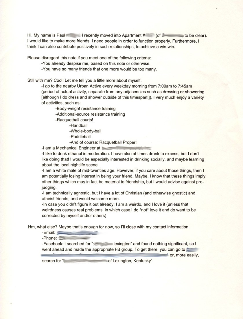 This note was left under my apartment door. I think this is the beginning of a beautiful friendship.