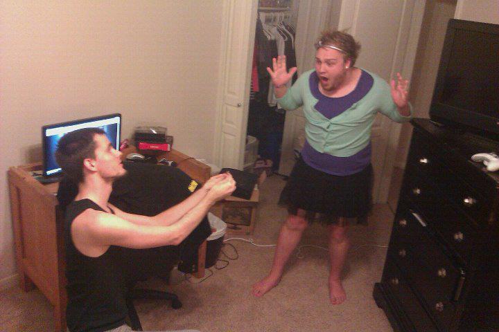 Good friend, helping a brother practice his proposal lines in his (hopefully) future wife's clothes while she's at work.