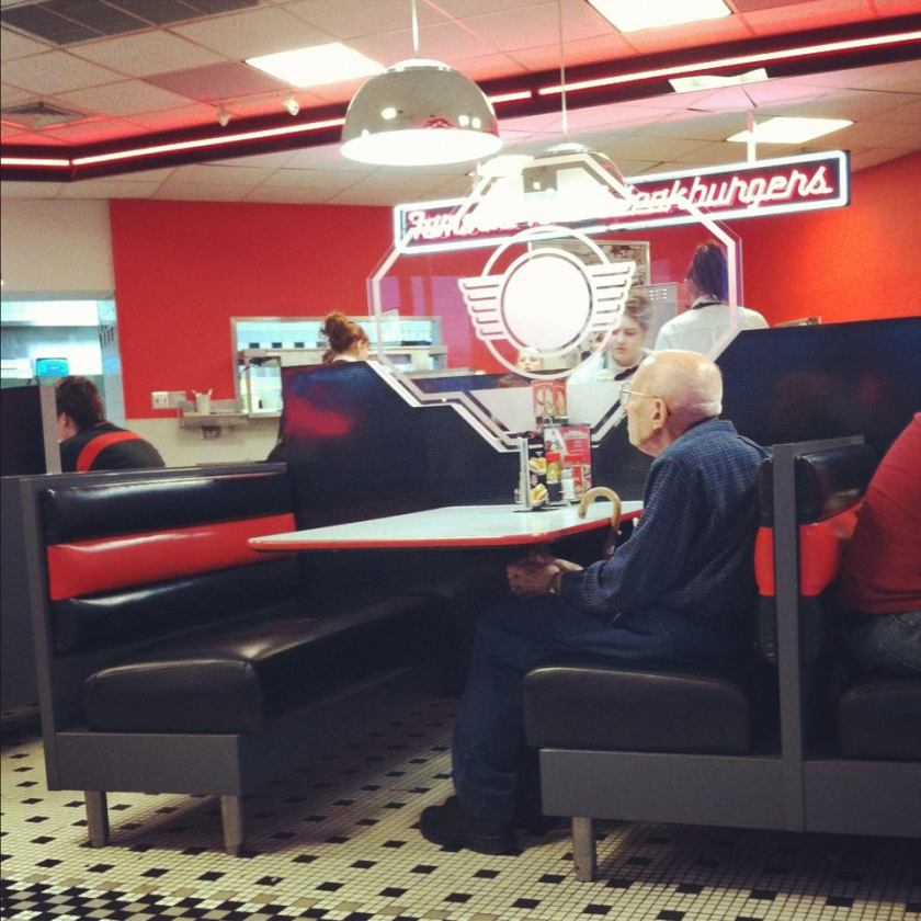 He went to Steak n Shake with his wife every year for valentine's day since before he was married. This is his first year without a valentine.