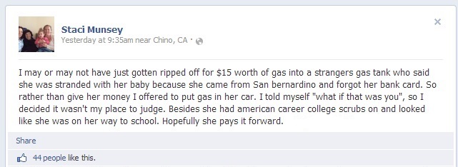 facebook status update about random act of kindness