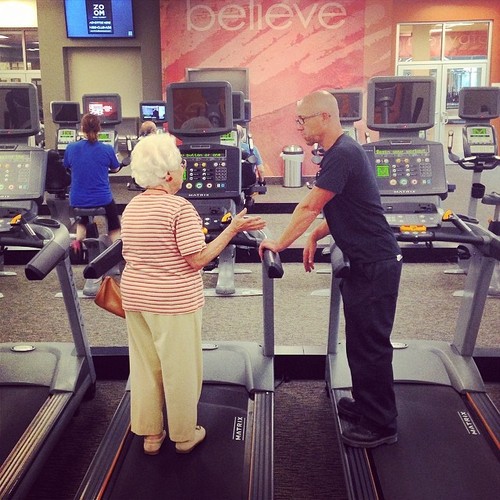 gentleman pops over from across the floor to the elderly woman standing confused on the treadmill, politely smiles and says “anything I can do to help?