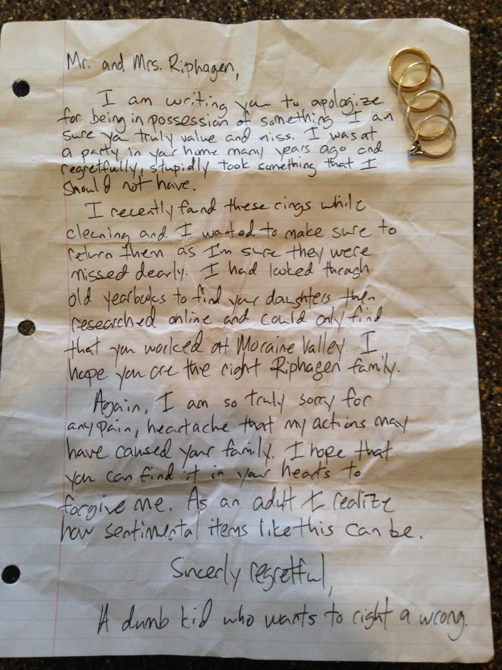 Thief Returns Stolen Rings To Riphagen Family With Apology Letter 15 Years Later