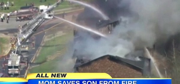 Selfless: Christina Simoes leaped from a second-floor balcony with her son Camron, right, in her arms k