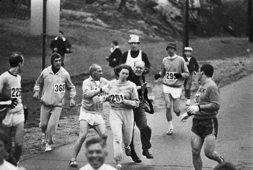 After realizing a woman was running Boston marathon organizer Jock Semple went after Kathrine Switzer. Other runners blocked him and she went on to finish the race. 1967.