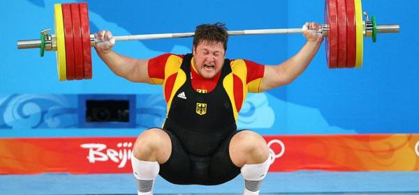 Matthias Steiner of Germany attempts a lift during the Men's 105 kg group weightlifting event.