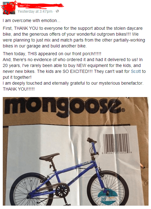 The next day this was delivered to our doorstep completely anonymously! Completely brand-new and a really nice model.