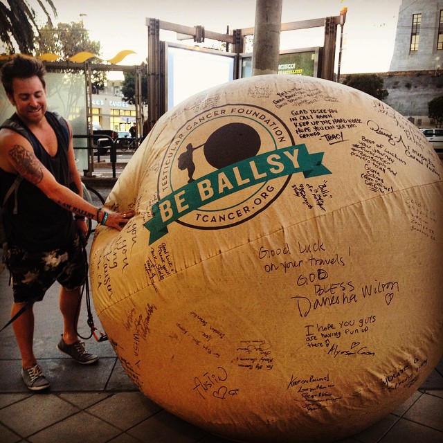 Thomas Cantley is pushing an enormous inflatable testicle across the country