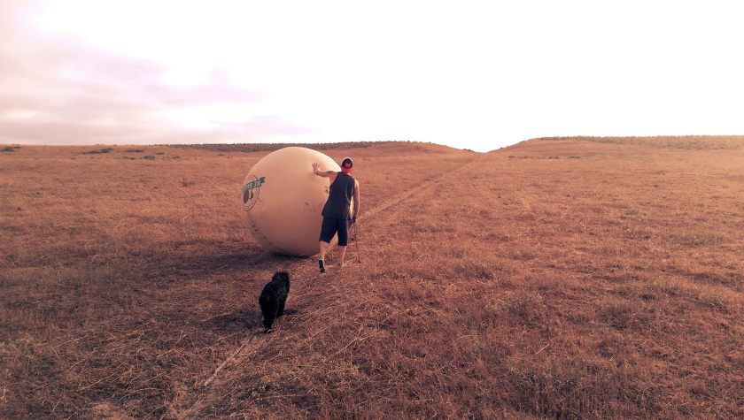 Thomas Cantley is pushing an enormous inflatable testicle across the country