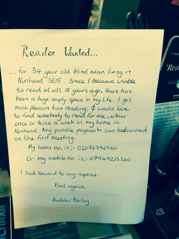 Blind Man Puts Advert in Local Bookshop Asking for People to Read to him