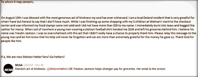 Stetson football player gives stranger at Wal-Mart $100 to buy groceries