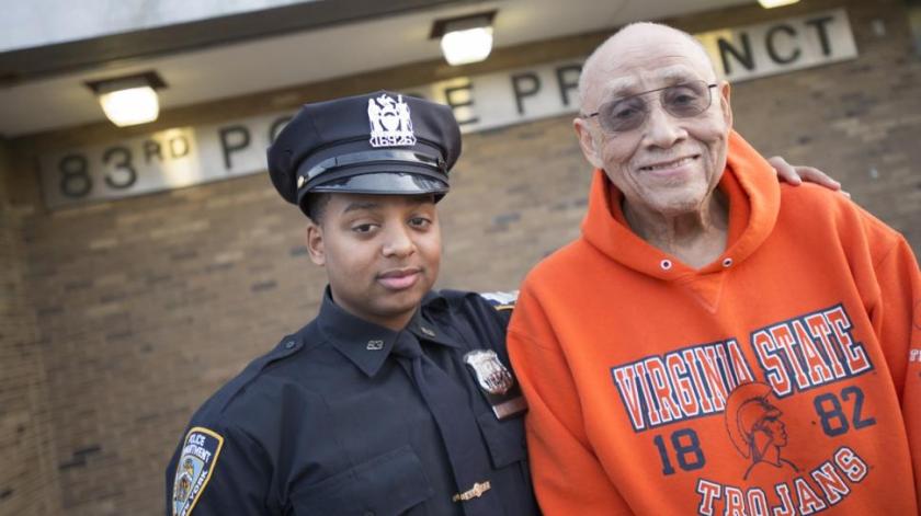 From left, Police Officer Marvin Luis of the 83rd Precinct in Bushwick, Brooklyn, is reunited with Lemuel (Bill) Copeland, whom the young officer loaned $20 after the 78-year-old forgot his wallet and cellphone.
