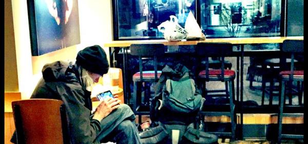 homeless man in starbucks