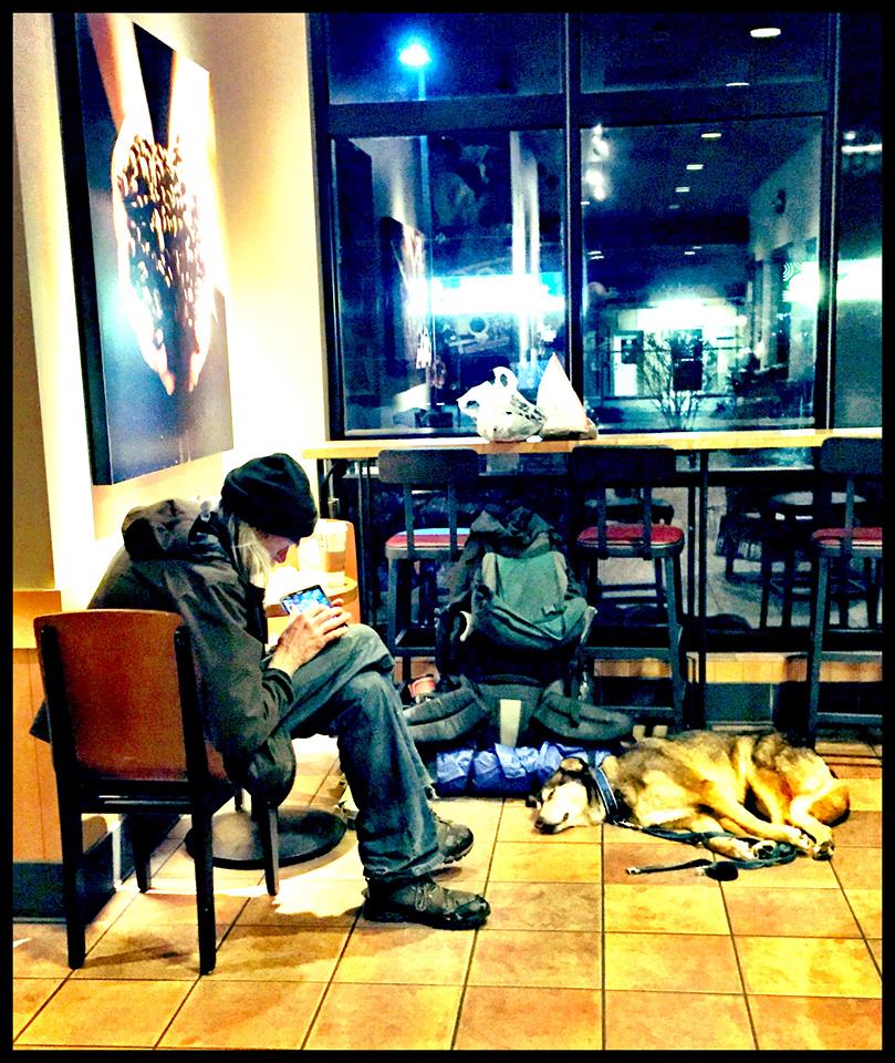 homeless man in starbucks