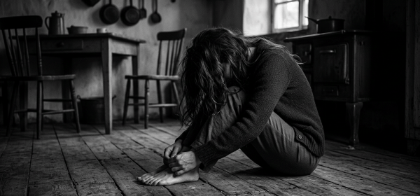 Black and white moody woman kitchen floor head bowed