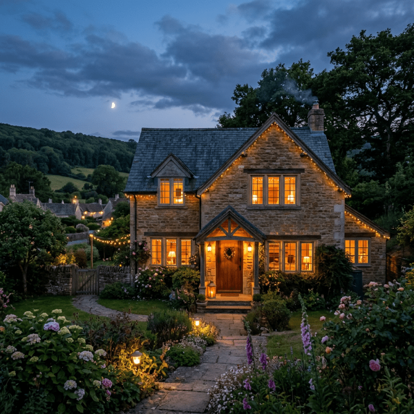 Stone cottage with glowing windows, string lights, and garden path at dusk